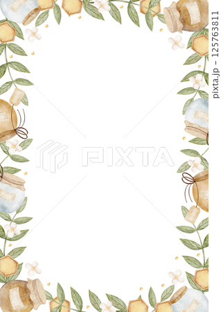 Watercolor frame honey jars, honeycomb in chamomile flowers, green leaves. Hand drawn illustration on isolated background, retro style for invitation design templates, cards, product, food, copy space 125763811