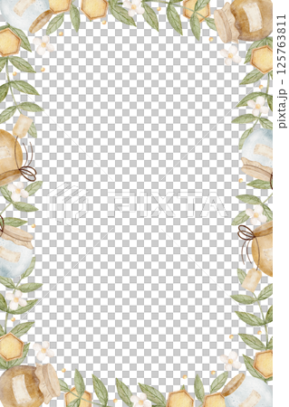Watercolor frame honey jars, honeycomb in chamomile flowers, green leaves. Hand drawn illustration on isolated background, retro style for invitation design templates, cards, product, food, copy space 125763811