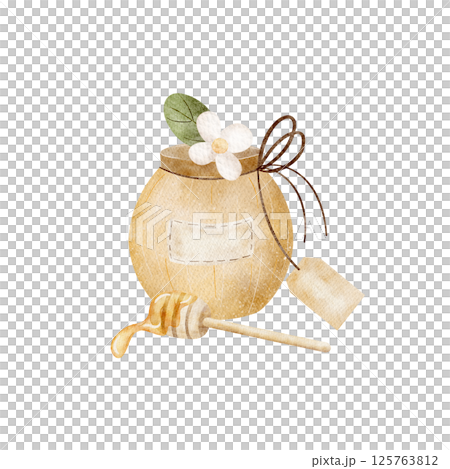 Watercolor illustration of a jar, a spoon of honey with a label in a retro style drawn by hand. The composition is isolated from the background for a greeting card, a product label, clothes, tableware 125763812