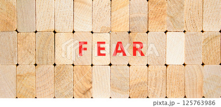 Fear symbol. Concept word Fear on beautiful wooden blocks. Beautiful wooden blocks background. Business, lifestyle and fear concept. Copy space. Fear symbol. Concept word Fear on beautiful wooden blocks. Beautiful wooden blocks background. Business, lifestyle and fear concept. Copy space. 125763986