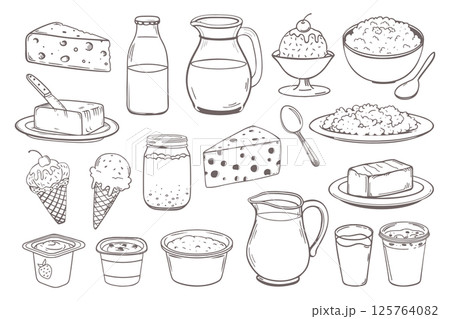 Milk products set. Hand drawn dairy products. Milk, cheese, yogurt, sour cream, ice cream, butter. Doodle sketch icons. Milk products set. Hand drawn dairy products. Milk, cheese, yogurt, sour cream, ice cream, butter. Doodle sketch icons. 125764082