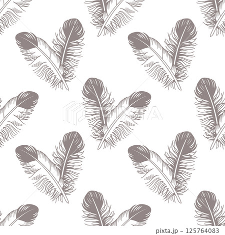 Seamless pattern with hand drawn elegant feathers. Illustration in grey and white colors. Seamless pattern with hand drawn elegant feathers. Illustration in grey and white colors. 125764083