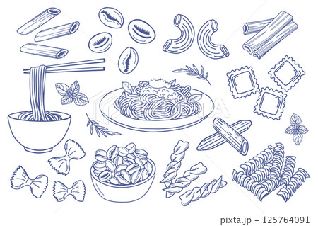 Hand drawn pasta set. Various Mediterranean pasta. Italian food illustrations for cafe or restaurant menu. Doodle sketch icons. Hand drawn pasta set. Various Mediterranean pasta. Italian food illustrations for cafe or restaurant menu. Doodle sketch icons. 125764091
