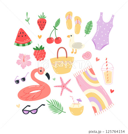 Hand Drawn Summer Beach Clipart Set with Inflatable Flamingo Float, Fruits, and Tropical Elements 125764154