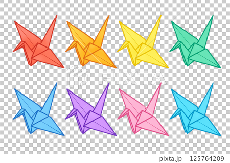 Colorful origami crane illustration set | Japanese-style material in 8 colors including red, yellow, and blue (transparent PNG) 125764209