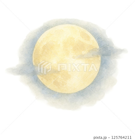 雲にかかる満月の水彩イラスト｜幻想的な夜空の月の風景素材（透過PNG） 125764211