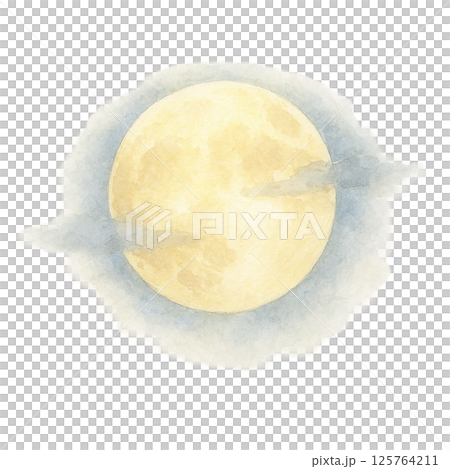 雲にかかる満月の水彩イラスト｜幻想的な夜空の月の風景素材（透過PNG） 125764211