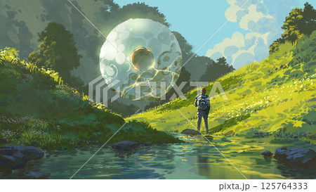 Explorer Encounters Floating Orb in Sunny Valley Explorer Encounters Floating Orb in Sunny Valley 125764333