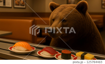 回転寿司でサーモンにロックオンするクマ 回転寿司でサーモンにロックオンするクマ 125764483