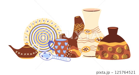 Decorative crockery. Ceramic tableware, clay kitchen pottery, dishes, bowls and plates flat vector illustration. Clay ceramic collection on white Decorative crockery. Ceramic tableware, clay kitchen pottery, dishes, bowls and plates flat vector illustration. Clay ceramic collection on white 125764521