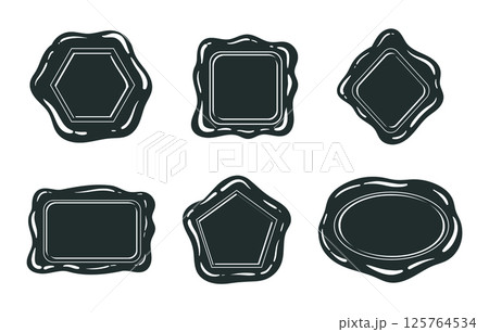 Vintage postal wax seal silhouettes. Postage wax seals, monochrome wax stamps flat vector illustration set. Cartoon wax seal collection 125764534