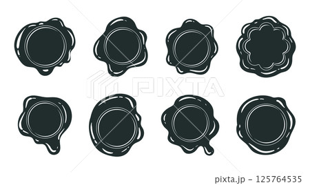 Wax seal silhouettes. Black postage seals, monochrome wax stamps flat vector illustration set. Cartoon vintage postal wax seal collection 125764535