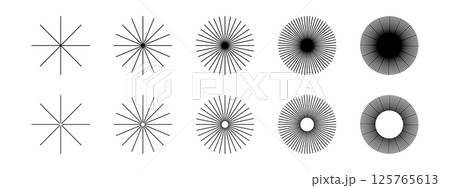 Straight radial lines. Set of sun rays icons isolated on white background. Radiance, boom, explosion or firework symbols. Twinkle or sparkle signs. Vector graphic illustration Straight radial lines. Set of sun rays icons isolated on white background. Radiance, boom, explosion or firework symbols. Twinkle or sparkle signs. Vector graphic illustration 125765613