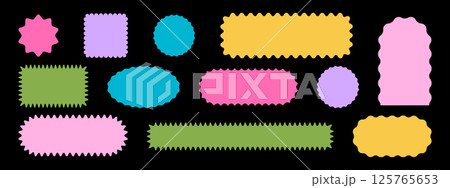 Collection of colorful arch, rectangle and square, oval and circle shapes with wavy edges. Cute geometric forms with scalloped borders. Empty boxes, stickers, tags or labels. Vector flat illustration 125765653