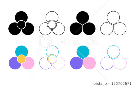 Set of flowers with 3 petals. Floral pie charts divided on three equal fragments in leaf shapes isolated on white background. Fan, propeller or pinwheel toy silhouettes. Vector graphic illustration 125765671