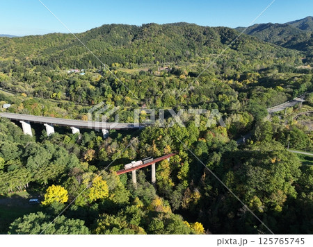 【空から見る北海道】 三井芦別鉄道の炭山川橋梁を走る機関車 【空から見る北海道】 三井芦別鉄道の炭山川橋梁を走る機関車 125765745