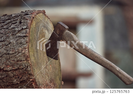 Axe in a log after throwing, logging Axe in a log after throwing, logging 125765763
