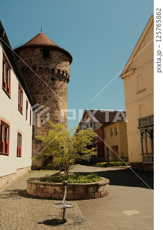 small town architectural elements with gravel path stone curb and decorative trees on sunny day. High quality photo small town architectural elements with gravel path stone curb and decorative trees on sunny day. High quality photo 125765862
