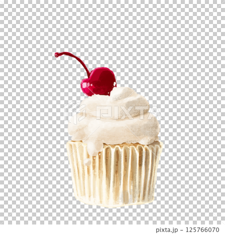 水彩で描いたサクランボがのったカップケーキ 水彩で描いたサクランボがのったカップケーキ 125766070