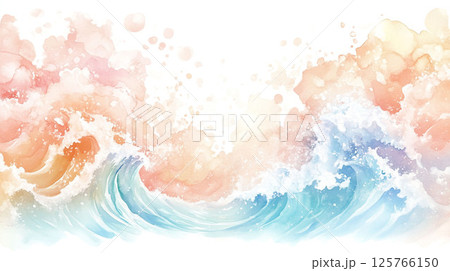 水しぶきと淡い色彩が舞う水彩風の波のイラスト 125766150