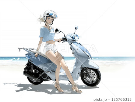 スクーターで走る若い女性のイラスト素材 125766313