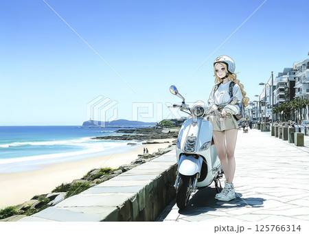 スクーターで走る若い女性のイラスト素材 スクーターで走る若い女性のイラスト素材 125766314