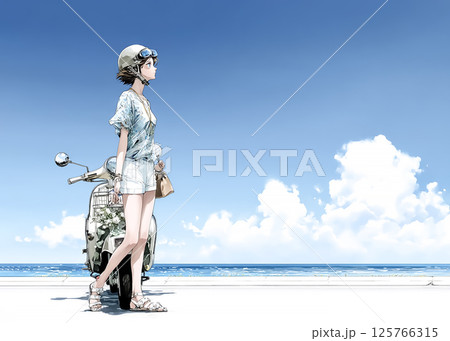 スクーターで走る若い女性のイラスト素材 スクーターで走る若い女性のイラスト素材 125766315