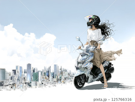 スクーターで走る若い女性のイラスト素材 125766316