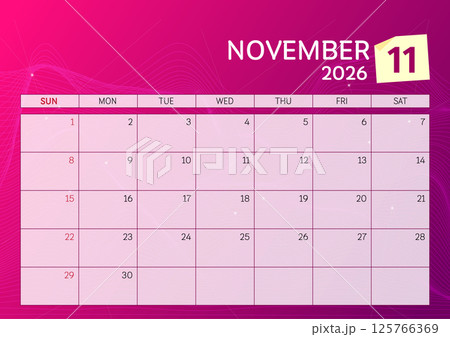 November 2026 Calendar. Week start on Sunday. Desk calendar 2026 design, simple and clean design, Wall calendar for print, digital calendar, Corporate design planner template vector. 125766369