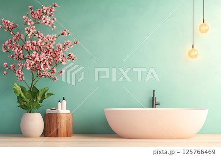 modern bathroom with black and white bathtub 125766469