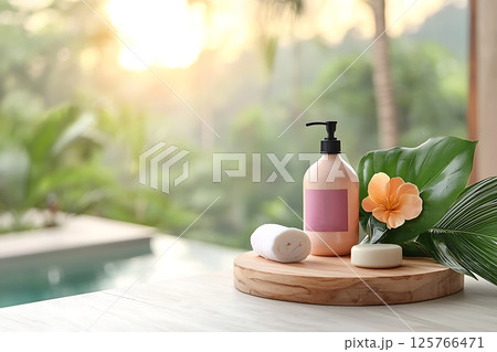 spa, wellness, natural soap, towel, bottle, bottle, wooden, towel, spa, body, bath, and cosmetic, with herbal and natural cosmetics, 125766471