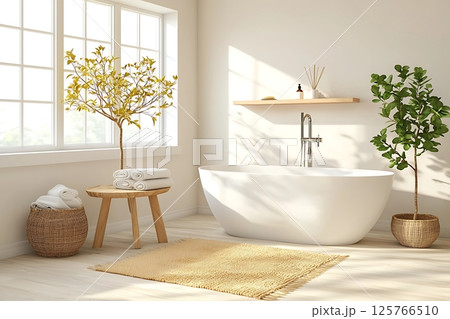 modern bathroom with wooden floor 125766510