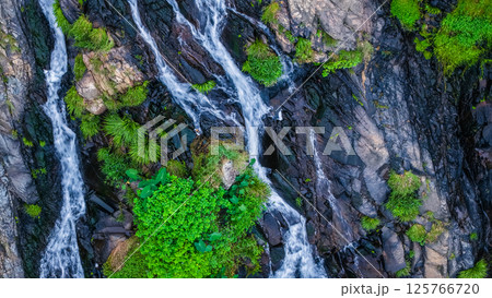 View of a Serene Waterfall Cascading Through Lush Green Forest 125766720