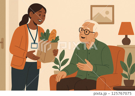 高齢者に買い物を届ける支援スタッフの笑顔 125767075