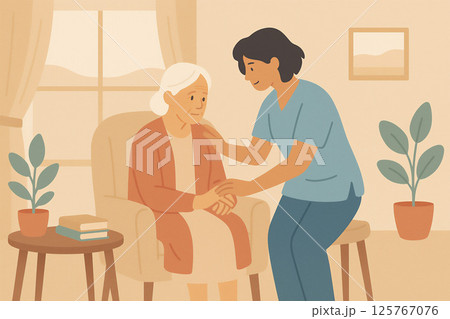 高齢女性の手を取り寄り添う介護士のやさしさ 125767076