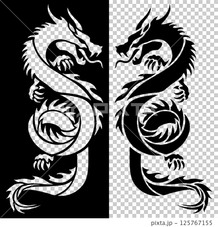 Silhouette of two dragons facing each other, black and white background 125767155