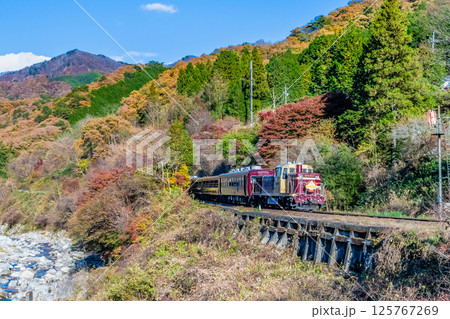 わたらせ渓谷鐵道　紅葉のわたらせ渓谷を走るトロッコわたらせ渓谷号（沢入付近） 125767269