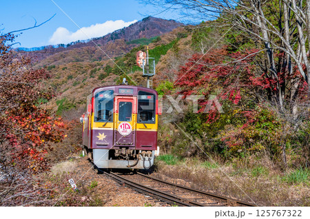 わたらせ渓谷鐵道　紅葉のわたらせ渓谷を走る列車（沢入付近） 125767322