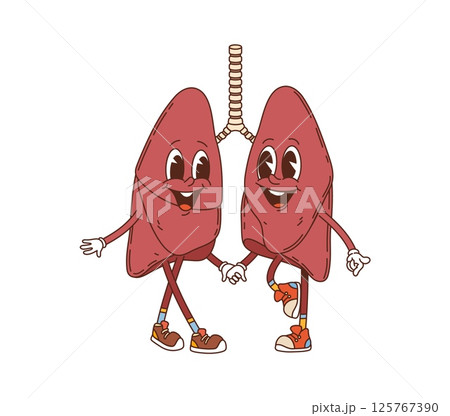 Cartoon groovy lungs human body organ characters. Cute vector healthy and happy medicine retro y2k personages, part of respiratory system, promotes fun learning anatomy, science or education 125767390