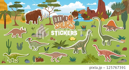 Prehistoric era cartoon dinosaur characters stickers pack. Vector patches with dino animal species and mammoth roam amidst Jurassic landscape with lush greenery, palms, rocks, mountains and waterfall 125767391