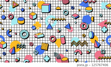 Abstract Memphis seamless pattern with geometric shapes. Vector tile background ornament with retro modern elements of 80s or 90s on checkered notebook page. Vibrant motif with bright creative figures 125767406