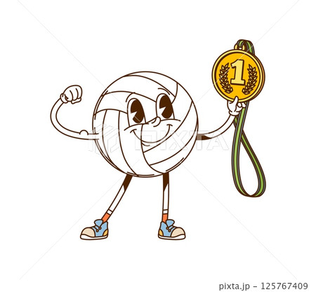 Cartoon retro groovy volleyball ball character celebrating victory, holds a gold medal with number one, flexing its arm in pride, symbolizing success, sportsmanship, and achievement in a powerful pose Cartoon retro groovy volleyball ball character celebrating victory, holds a gold medal with number one, flexing its arm in pride, symbolizing success, sportsmanship, and achievement in a powerful pose 125767409