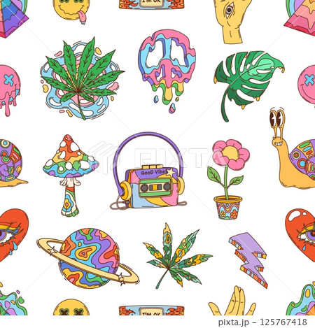 Retro hippie groovy symbols seamless pattern. Cartoon vector psychedelic tile y2k background filled with trippy mushrooms, cassette player, abstract planet, marijuana leaves, flowers and surreal faces Retro hippie groovy symbols seamless pattern. Cartoon vector psychedelic tile y2k background filled with trippy mushrooms, cassette player, abstract planet, marijuana leaves, flowers and surreal faces 125767418