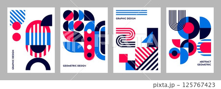Business poster templates with abstract geometric pattern of blue pink line shapes. Vector modern minimal art pattern of circles, squares and triangles, dots and arches, abstract geometric posters set Business poster templates with abstract geometric pattern of blue pink line shapes. Vector modern minimal art pattern of circles, squares and triangles, dots and arches, abstract geometric posters set 125767423