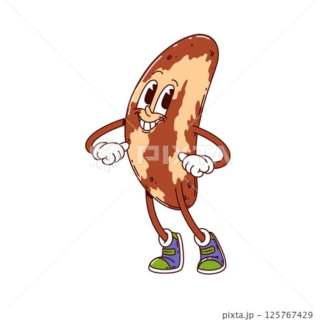 Cartoon groovy Brazilian nut character strikes a lively pose with cheerful happy smile and playful gestures. Isolated vector retro food personage exuding confidence and charm, promotes healthy eating Cartoon groovy Brazilian nut character strikes a lively pose with cheerful happy smile and playful gestures. Isolated vector retro food personage exuding confidence and charm, promotes healthy eating 125767429