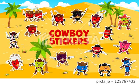 Cartoon cowboy and bandit berry characters stickers pack. Western cherry, strawberry, blackberry and raspberry. Blueberry, green and purple grape, cranberry, blackcurrant and redcurrant fruit patches 125767432