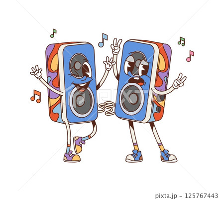 Cartoon groovy computer speakers characters. Two vector speakers with funky faces and musical notes around, conveying fun and playful vibe while enjoying music, showcasing technology and entertainment Cartoon groovy computer speakers characters. Two vector speakers with funky faces and musical notes around, conveying fun and playful vibe while enjoying music, showcasing technology and entertainment 125767443