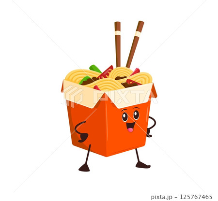 Cartoon funny Asian wok box with noodles fast food character. Isolated vector confident ramen personage with bamboo chopsticks. Happy kawaii noodle meal in red carton package standing with arms akimbo 125767465