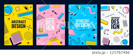 Memphis cover background. Modern posters with abstract geometric shapes. Vibrant vector vertical cards with bold colors and playful patterns, dynamic visual compositions with retro futuristic flair Memphis cover background. Modern posters with abstract geometric shapes. Vibrant vector vertical cards with bold colors and playful patterns, dynamic visual compositions with retro futuristic flair 125767486