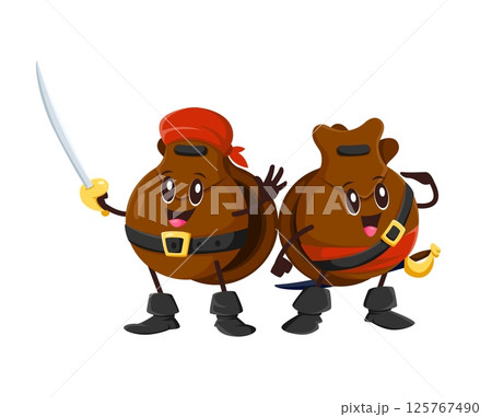 Cartoon castanets musical instruments pirate and corsair characters with cheerful faces, boots, belts and bandanas, holding sword, exude a fun and adventurous vibe for Latino musical performance 125767490
